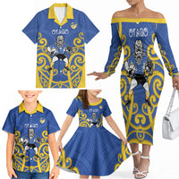 Otago Custom Rugby New Zealand Family Matching Off The Shoulder Long Sleeve Dress and Hawaiian Shirt Aotearoa Maori Pukana Tiki Mascot