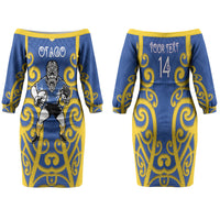 Otago Custom Rugby New Zealand Family Matching Off The Shoulder Long Sleeve Dress and Hawaiian Shirt Aotearoa Maori Pukana Tiki Mascot