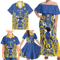 Otago Custom Rugby New Zealand Family Matching Off Shoulder Maxi Dress and Hawaiian Shirt Aotearoa Maori Pukana Tiki Mascot