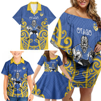 Otago Custom Rugby New Zealand Family Matching Off Shoulder Short Dress and Hawaiian Shirt Aotearoa Maori Pukana Tiki Mascot