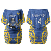 Otago Custom Rugby New Zealand Family Matching Off Shoulder Short Dress and Hawaiian Shirt Aotearoa Maori Pukana Tiki Mascot