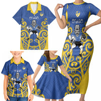 Otago Custom Rugby New Zealand Family Matching Short Sleeve Bodycon Dress and Hawaiian Shirt Aotearoa Maori Pukana Tiki Mascot