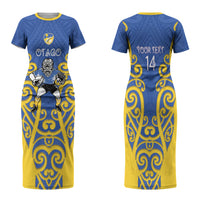 Otago Custom Rugby New Zealand Family Matching Short Sleeve Bodycon Dress and Hawaiian Shirt Aotearoa Maori Pukana Tiki Mascot