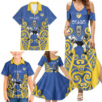 Otago Custom Rugby New Zealand Family Matching Summer Maxi Dress and Hawaiian Shirt Aotearoa Maori Pukana Tiki Mascot