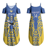 Otago Custom Rugby New Zealand Family Matching Summer Maxi Dress and Hawaiian Shirt Aotearoa Maori Pukana Tiki Mascot
