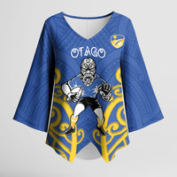 Otago Custom Rugby New Zealand Kimono Sleeve Blouse Aotearoa Maori Pukana Tiki Mascot