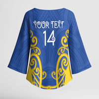 Otago Custom Rugby New Zealand Kimono Sleeve Blouse Aotearoa Maori Pukana Tiki Mascot