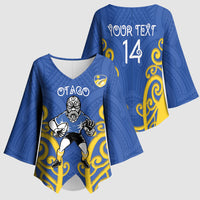 Otago Custom Rugby New Zealand Kimono Sleeve Blouse Aotearoa Maori Pukana Tiki Mascot