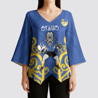 Otago Custom Rugby New Zealand Kimono Sleeve Blouse Aotearoa Maori Pukana Tiki Mascot