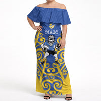 Otago Custom Rugby New Zealand Off Shoulder Maxi Dress Aotearoa Maori Pukana Tiki Mascot