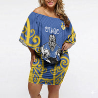 Otago Custom Rugby New Zealand Off Shoulder Short Dress Aotearoa Maori Pukana Tiki Mascot