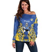 Otago Custom Rugby New Zealand Off Shoulder Sweater Aotearoa Maori Pukana Tiki Mascot