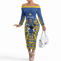 Otago Custom Rugby New Zealand Off The Shoulder Long Sleeve Dress Aotearoa Maori Pukana Tiki Mascot