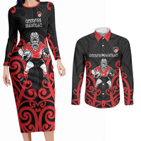 Counties Manukau Custom Rugby New Zealand Couples Matching Long Sleeve Bodycon Dress and Long Sleeve Button Shirt Aotearoa Maori Pukana Tiki Mascot