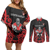 Counties Manukau Custom Rugby New Zealand Couples Matching Off Shoulder Short Dress and Long Sleeve Button Shirt Aotearoa Maori Pukana Tiki Mascot