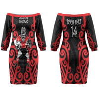 Counties Manukau Custom Rugby New Zealand Couples Matching Off The Shoulder Long Sleeve Dress and Hawaiian Shirt Aotearoa Maori Pukana Tiki Mascot