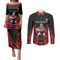 Counties Manukau Custom Rugby New Zealand Couples Matching Puletasi and Long Sleeve Button Shirt Aotearoa Maori Pukana Tiki Mascot