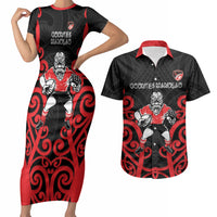 Counties Manukau Custom Rugby New Zealand Couples Matching Short Sleeve Bodycon Dress and Hawaiian Shirt Aotearoa Maori Pukana Tiki Mascot