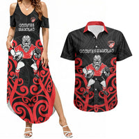 Counties Manukau Custom Rugby New Zealand Couples Matching Summer Maxi Dress and Hawaiian Shirt Aotearoa Maori Pukana Tiki Mascot