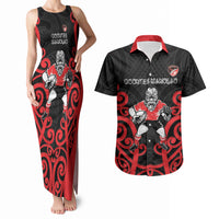 Counties Manukau Custom Rugby New Zealand Couples Matching Tank Maxi Dress and Hawaiian Shirt Aotearoa Maori Pukana Tiki Mascot