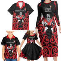 Counties Manukau Custom Rugby New Zealand Family Matching Long Sleeve Bodycon Dress and Hawaiian Shirt Aotearoa Maori Pukana Tiki Mascot