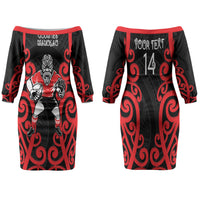 Counties Manukau Custom Rugby New Zealand Family Matching Off The Shoulder Long Sleeve Dress and Hawaiian Shirt Aotearoa Maori Pukana Tiki Mascot