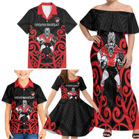 Counties Manukau Custom Rugby New Zealand Family Matching Off Shoulder Maxi Dress and Hawaiian Shirt Aotearoa Maori Pukana Tiki Mascot