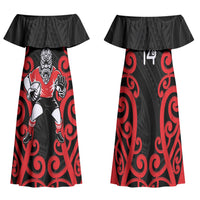 Counties Manukau Custom Rugby New Zealand Family Matching Off Shoulder Maxi Dress and Hawaiian Shirt Aotearoa Maori Pukana Tiki Mascot
