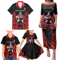 Counties Manukau Custom Rugby New Zealand Family Matching Puletasi and Hawaiian Shirt Aotearoa Maori Pukana Tiki Mascot