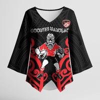 Counties Manukau Custom Rugby New Zealand Kimono Sleeve Blouse Aotearoa Maori Pukana Tiki Mascot