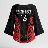 Counties Manukau Custom Rugby New Zealand Kimono Sleeve Blouse Aotearoa Maori Pukana Tiki Mascot