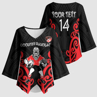 Counties Manukau Custom Rugby New Zealand Kimono Sleeve Blouse Aotearoa Maori Pukana Tiki Mascot