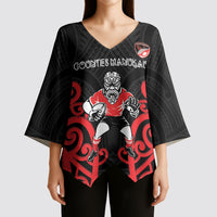 Counties Manukau Custom Rugby New Zealand Kimono Sleeve Blouse Aotearoa Maori Pukana Tiki Mascot