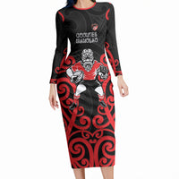 Counties Manukau Custom Rugby New Zealand Long Sleeve Bodycon Dress Aotearoa Maori Pukana Tiki Mascot