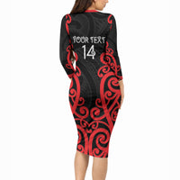 Counties Manukau Custom Rugby New Zealand Long Sleeve Bodycon Dress Aotearoa Maori Pukana Tiki Mascot