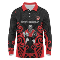 Counties Manukau Custom Rugby New Zealand Long Sleeve Polo Shirt Aotearoa Maori Pukana Tiki Mascot