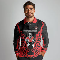 Counties Manukau Custom Rugby New Zealand Long Sleeve Polo Shirt Aotearoa Maori Pukana Tiki Mascot