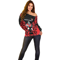 Counties Manukau Custom Rugby New Zealand Off Shoulder Sweater Aotearoa Maori Pukana Tiki Mascot