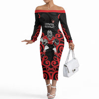 Counties Manukau Custom Rugby New Zealand Off The Shoulder Long Sleeve Dress Aotearoa Maori Pukana Tiki Mascot