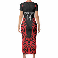 Counties Manukau Custom Rugby New Zealand Short Sleeve Bodycon Dress Aotearoa Maori Pukana Tiki Mascot
