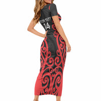 Counties Manukau Custom Rugby New Zealand Short Sleeve Bodycon Dress Aotearoa Maori Pukana Tiki Mascot
