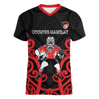 Counties Manukau Custom Rugby New Zealand Women V-Neck T-Shirt Aotearoa Maori Pukana Tiki Mascot