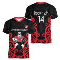 Counties Manukau Custom Rugby New Zealand Women V-Neck T-Shirt Aotearoa Maori Pukana Tiki Mascot