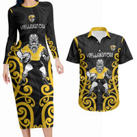 Wellington Custom Rugby New Zealand Couples Matching Long Sleeve Bodycon Dress and Hawaiian Shirt Aotearoa Maori Pukana Tiki Mascot