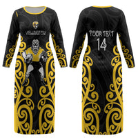 Wellington Custom Rugby New Zealand Couples Matching Long Sleeve Bodycon Dress and Long Sleeve Button Shirt Aotearoa Maori Pukana Tiki Mascot