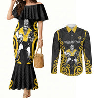 Wellington Custom Rugby New Zealand Couples Matching Mermaid Dress and Long Sleeve Button Shirt Aotearoa Maori Pukana Tiki Mascot