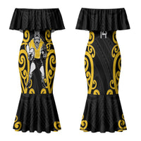 Wellington Custom Rugby New Zealand Couples Matching Mermaid Dress and Long Sleeve Button Shirt Aotearoa Maori Pukana Tiki Mascot