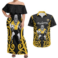 Wellington Custom Rugby New Zealand Couples Matching Off Shoulder Maxi Dress and Hawaiian Shirt Aotearoa Maori Pukana Tiki Mascot