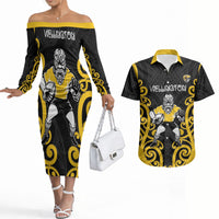 Wellington Custom Rugby New Zealand Couples Matching Off The Shoulder Long Sleeve Dress and Hawaiian Shirt Aotearoa Maori Pukana Tiki Mascot