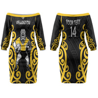 Wellington Custom Rugby New Zealand Couples Matching Off The Shoulder Long Sleeve Dress and Long Sleeve Button Shirt Aotearoa Maori Pukana Tiki Mascot